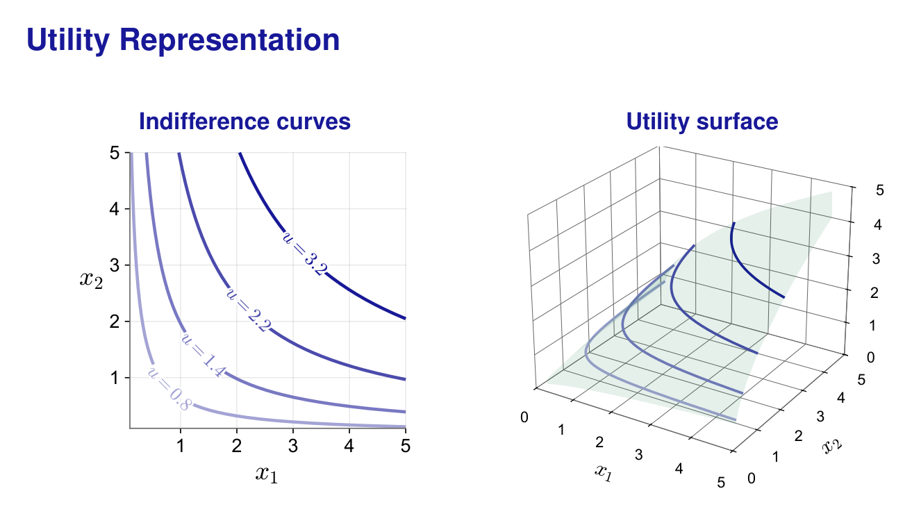 A slide from Day 3: four indifference curves on the left, the same utility function drawn as a surface on the right.